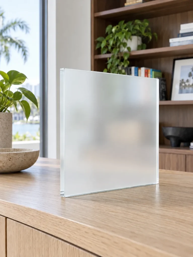 Sample of acid-etched low iron glass, frosted and bright white
