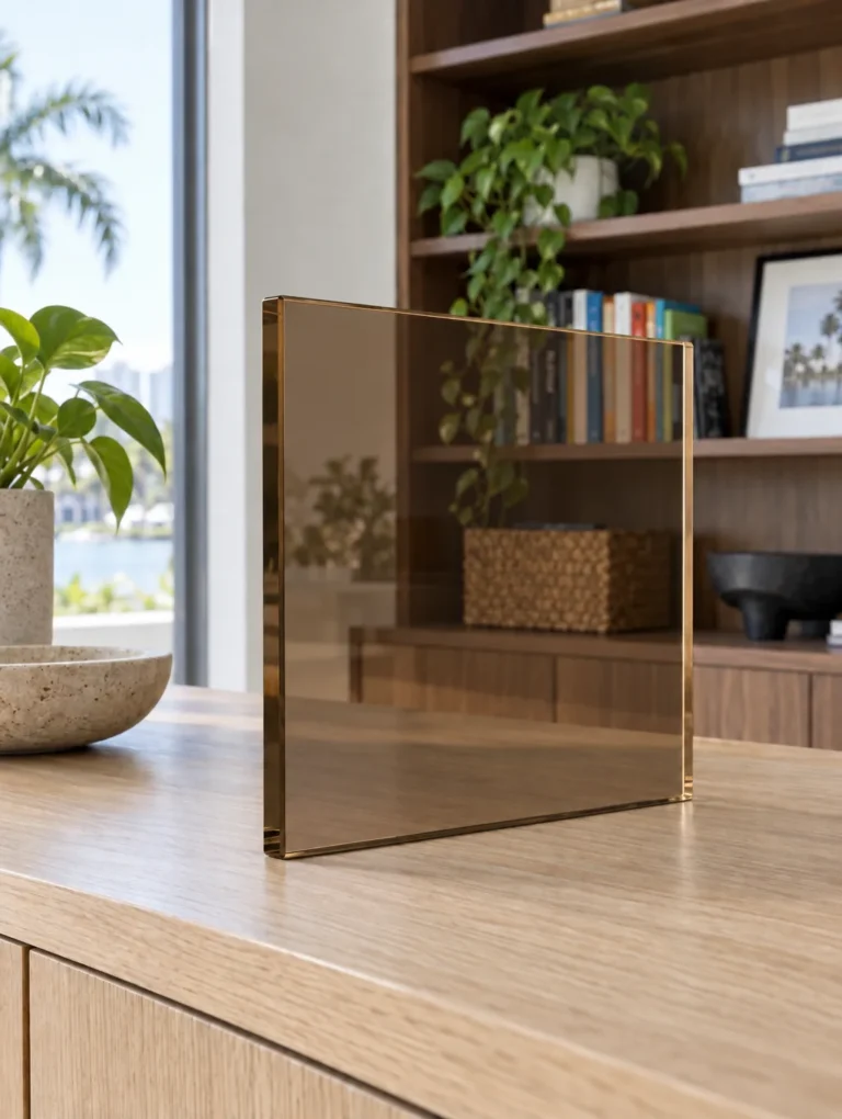 Sample of bronze tinted tempered glass in front of a bookshelf