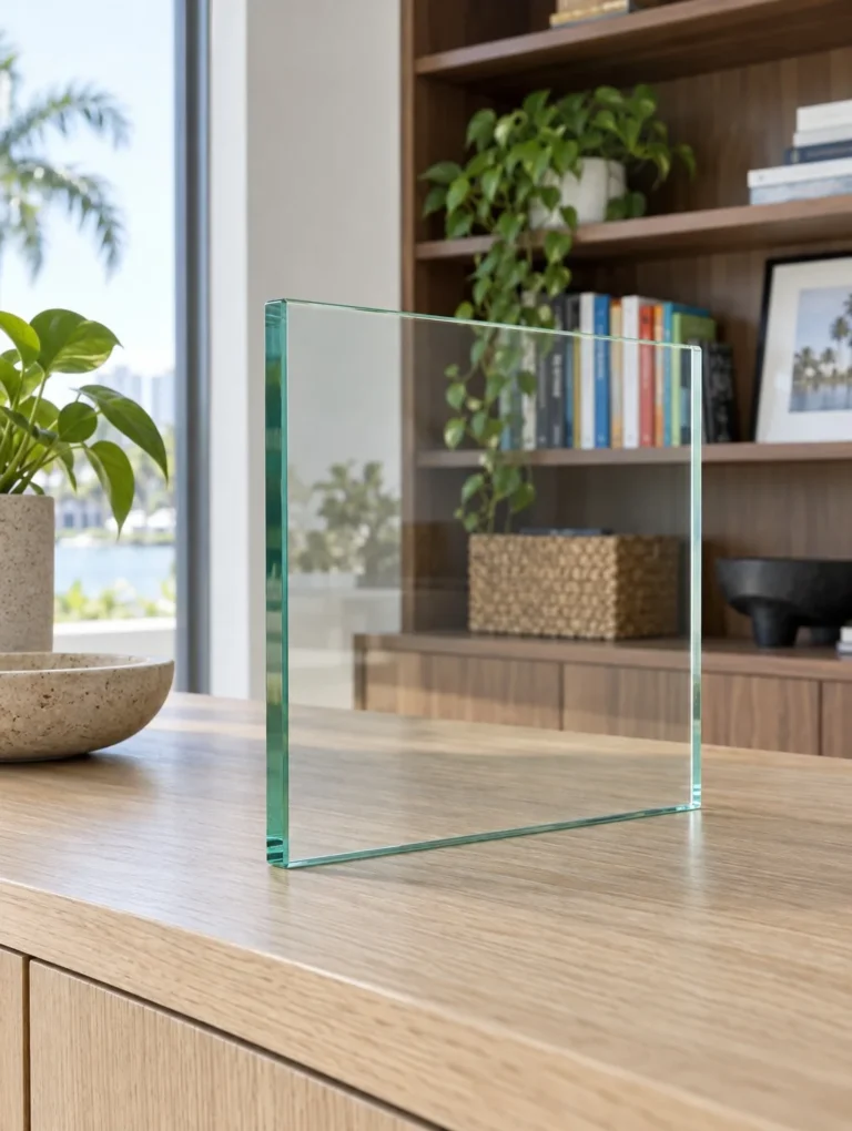 Sample of clear tempered glass on a sideboard, with the light green tint on its edge