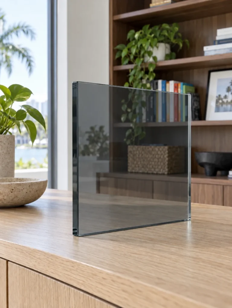 Sample of gray tinted tempered glass in front of a bookshelf