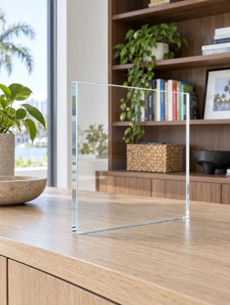 Sample of low iron tempered glass, colorless and extra clear