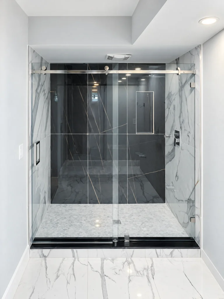 Serenity sliding frameless shower door with a polished chrome top rail and marble tile