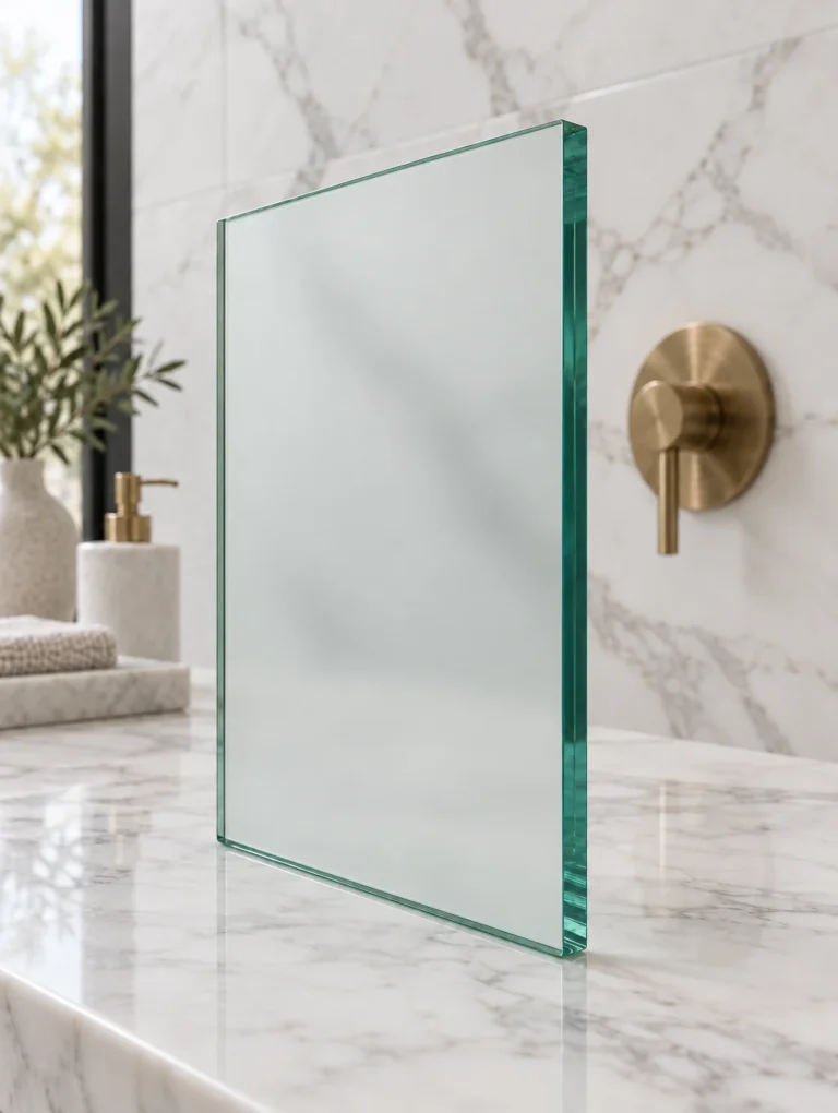 Acid etched frosted shower glass sample with a green polished edge, for privacy