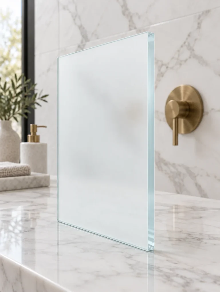 Acid etched low iron frosted shower glass sample, bright white with a clear edge