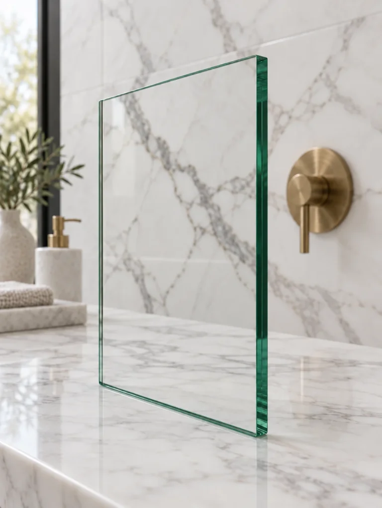 Clear tempered shower glass sample with the green tint visible on its polished edge