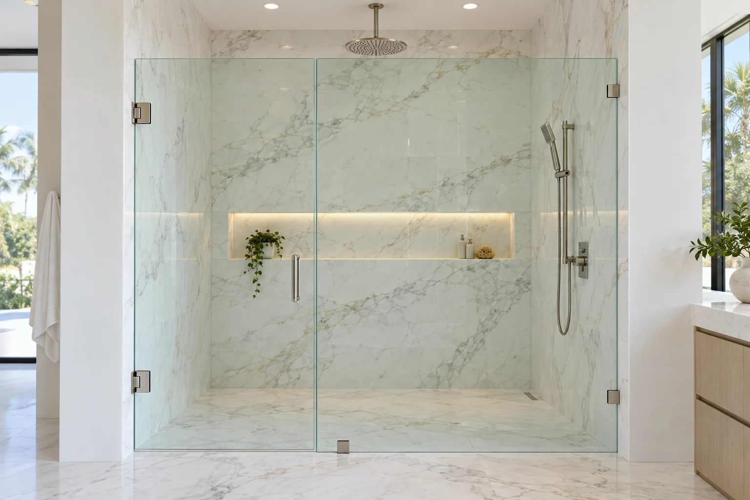 Frameless door and panel shower seen through clear tempered glass, with the light green tint of standard glass