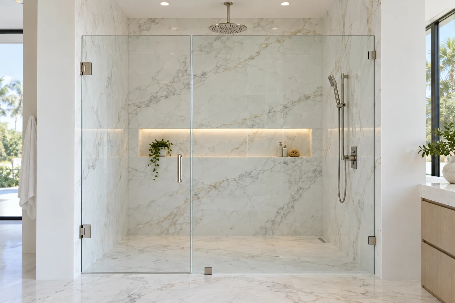 The same frameless door and panel shower with low iron glass, colorless and ultra clear
