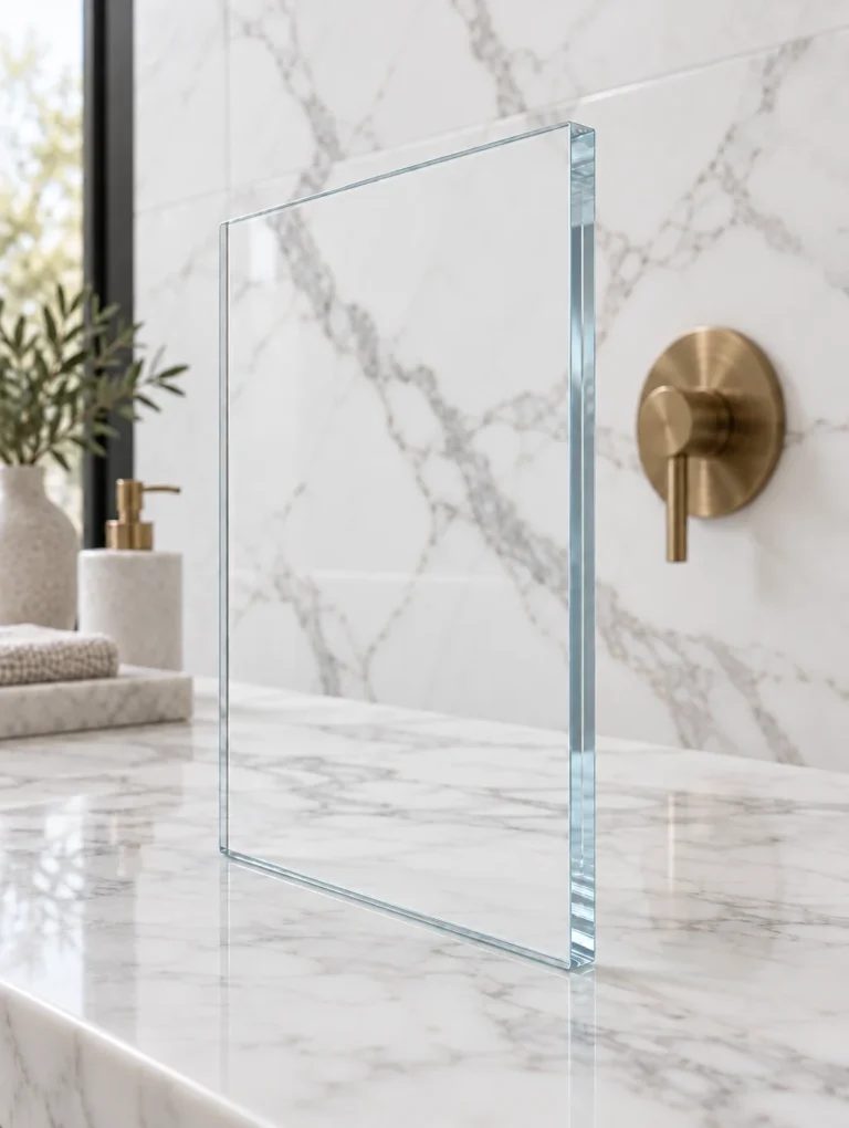 Low iron ultra clear shower glass sample with an almost colorless polished edge