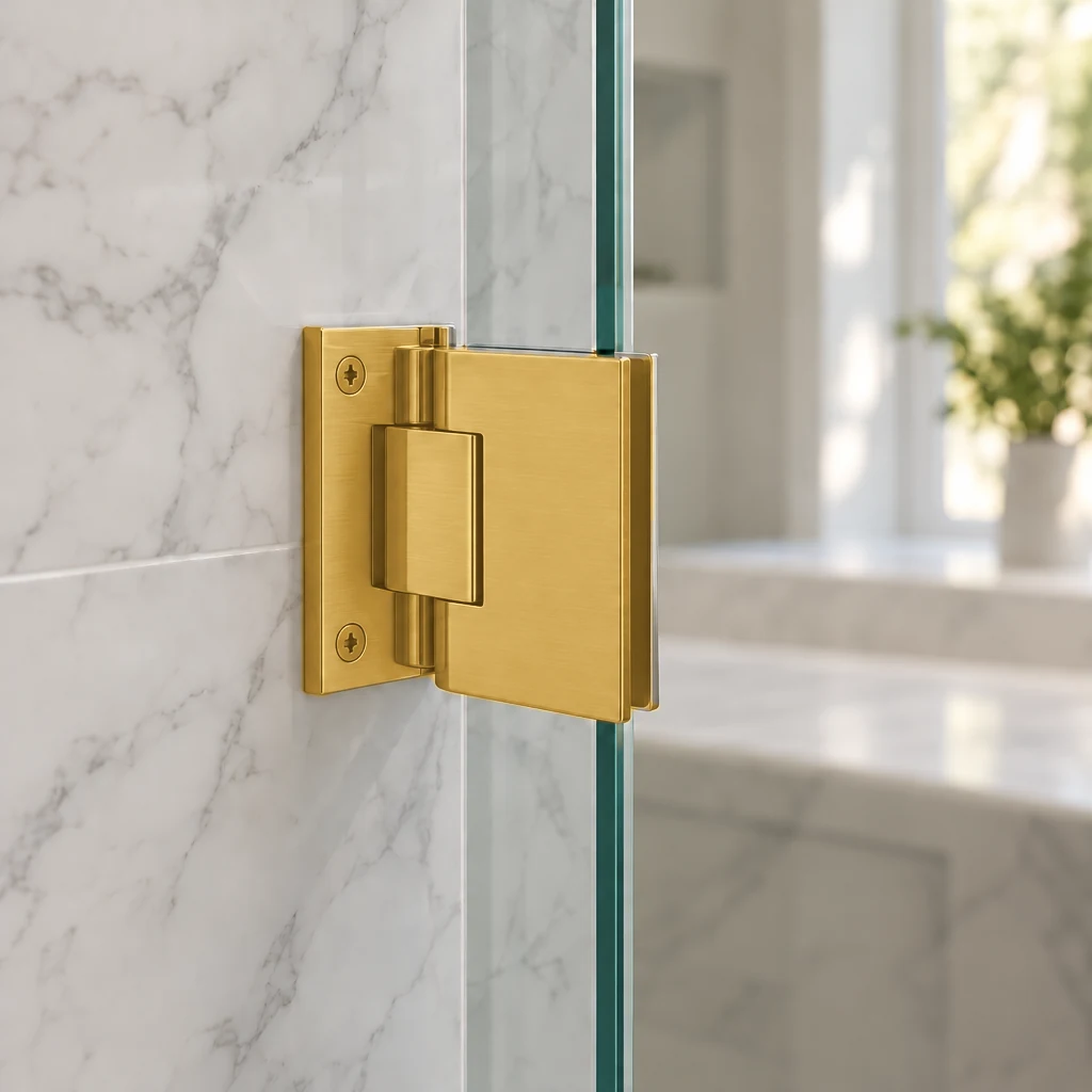 Brushed Gold wall mount hinge on a frameless glass shower door