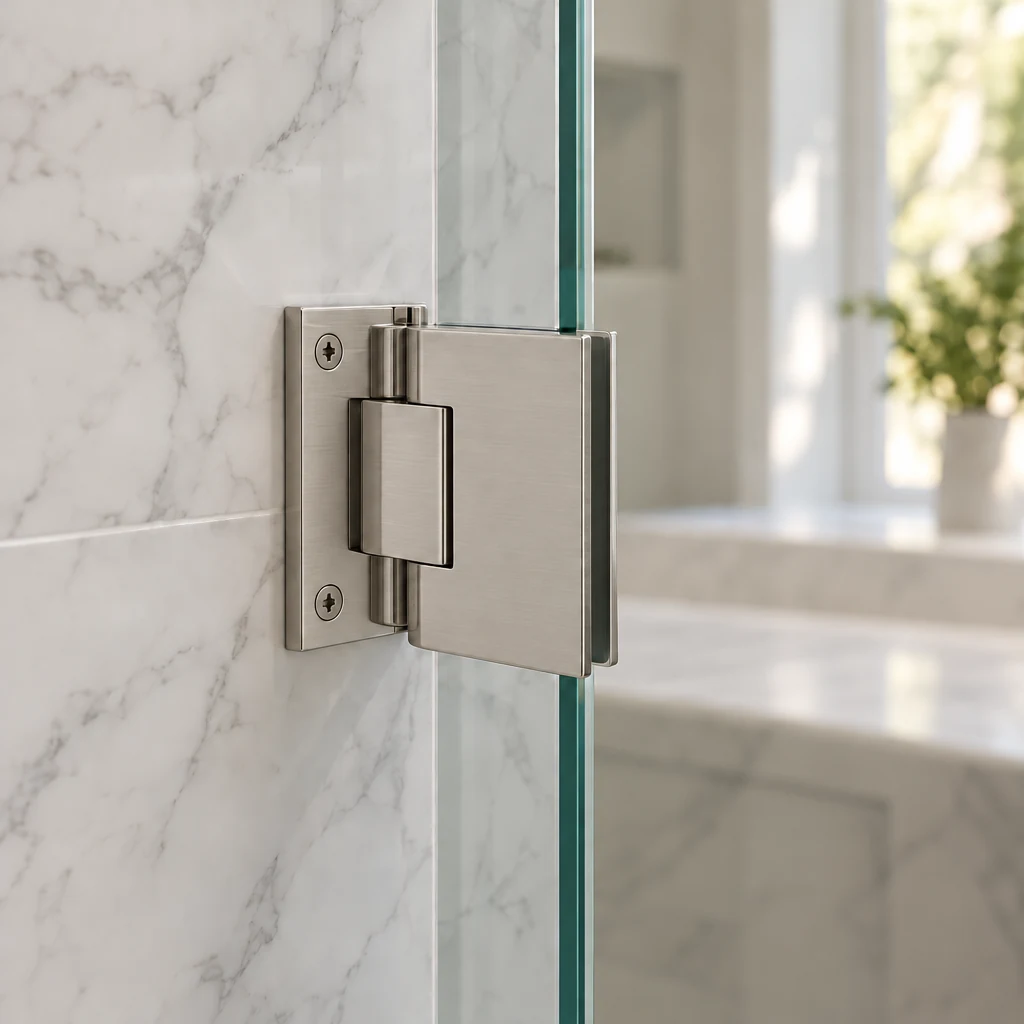 Brushed Nickel wall mount hinge on a frameless glass shower door