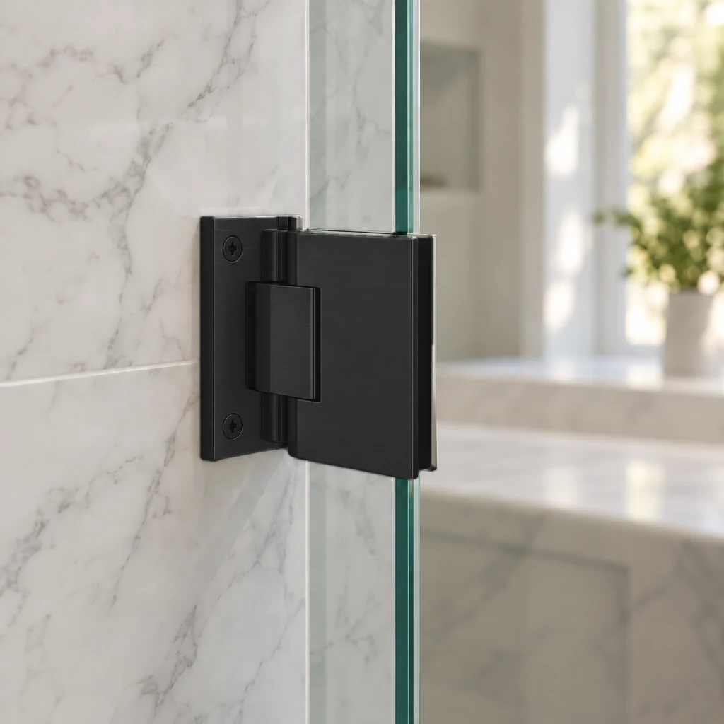 Matte Black wall mount hinge on a frameless glass shower door