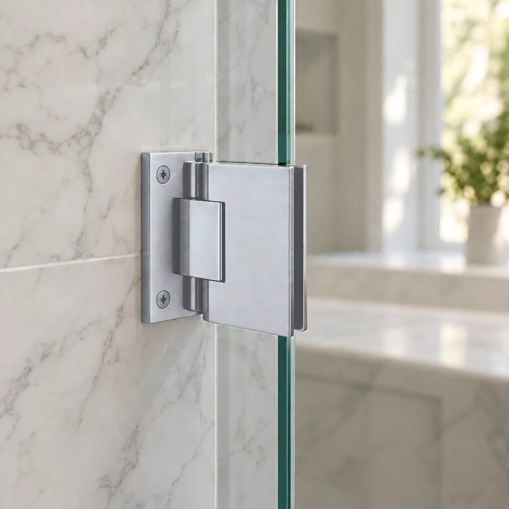 Polished Chrome wall mount hinge on a frameless glass shower door