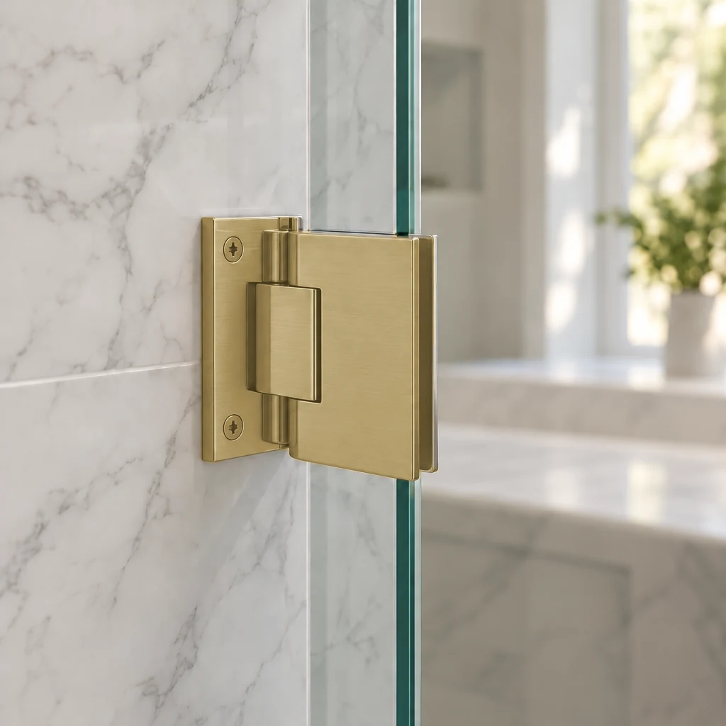 Satin Brass wall mount hinge on a frameless glass shower door