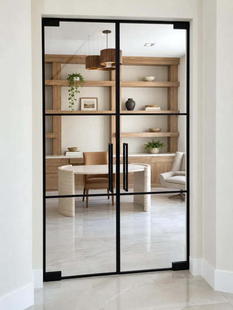 Glass partition with double swing doors and matte black grids in a Palm Beach Gardens home office
