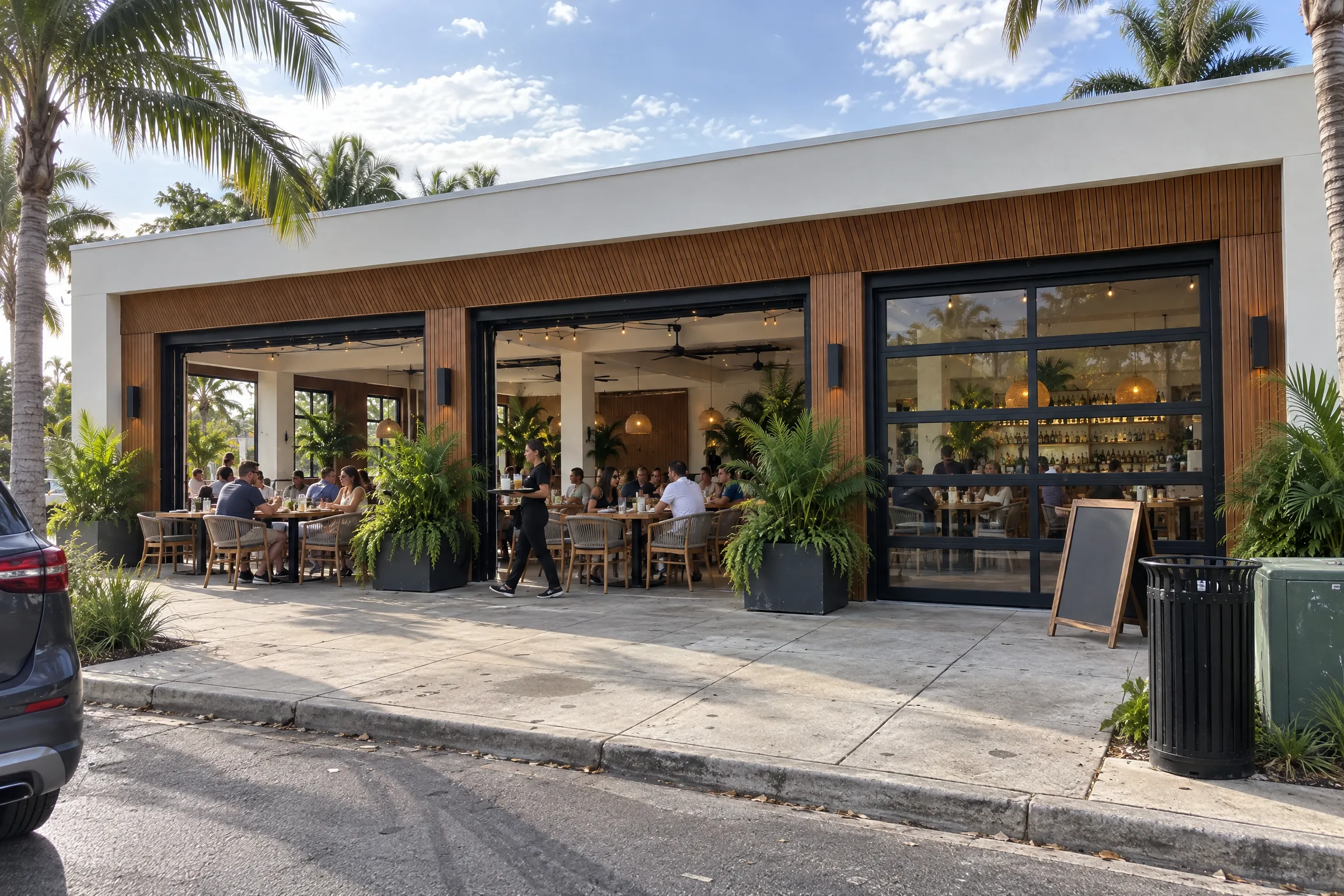 Restaurant with black framed glass garage doors rolled up to the patio
