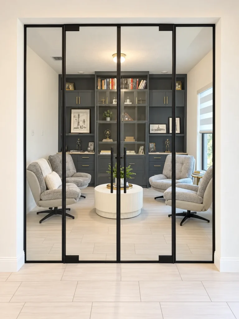 Framed glass partition with double swing doors and matte black frames in a Westlake home office