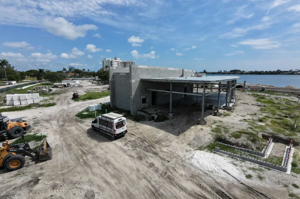 Aerial view of a Currie Park building in structural steel before storefront installation, West Palm Beach