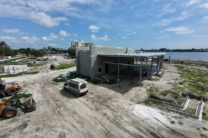 Aerial view of a Currie Park building in structural steel before storefront installation, West Palm Beach