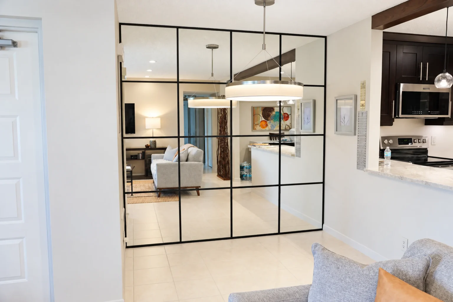 Black grid mirror installed by ACG Glass & Metals