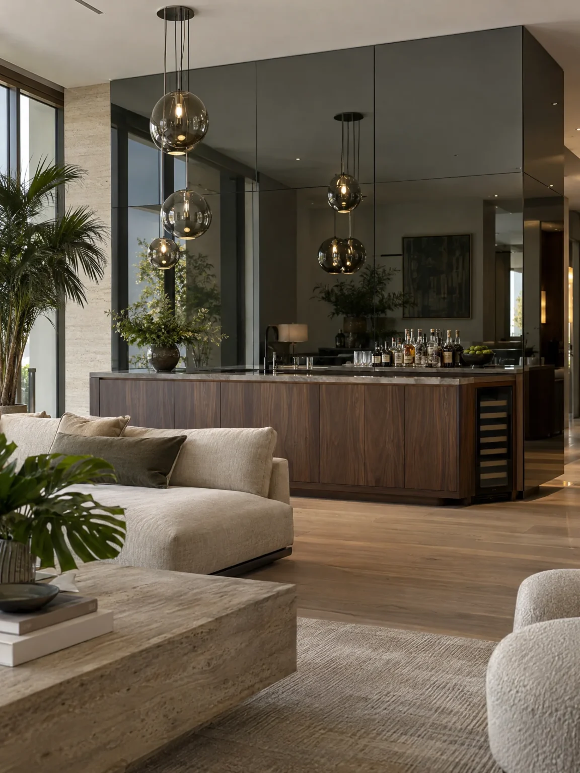Gray tinted mirror wall in a modern living room with a home bar