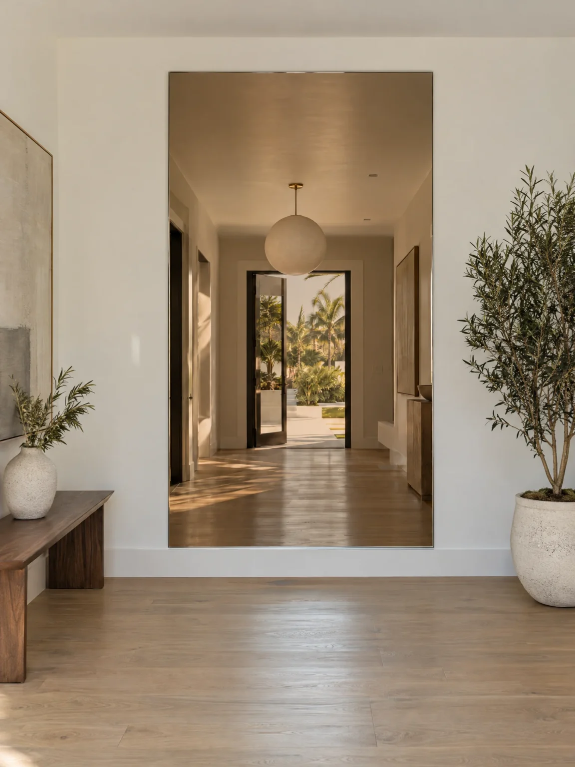 Full-height bronze mirror on a bright foyer wall