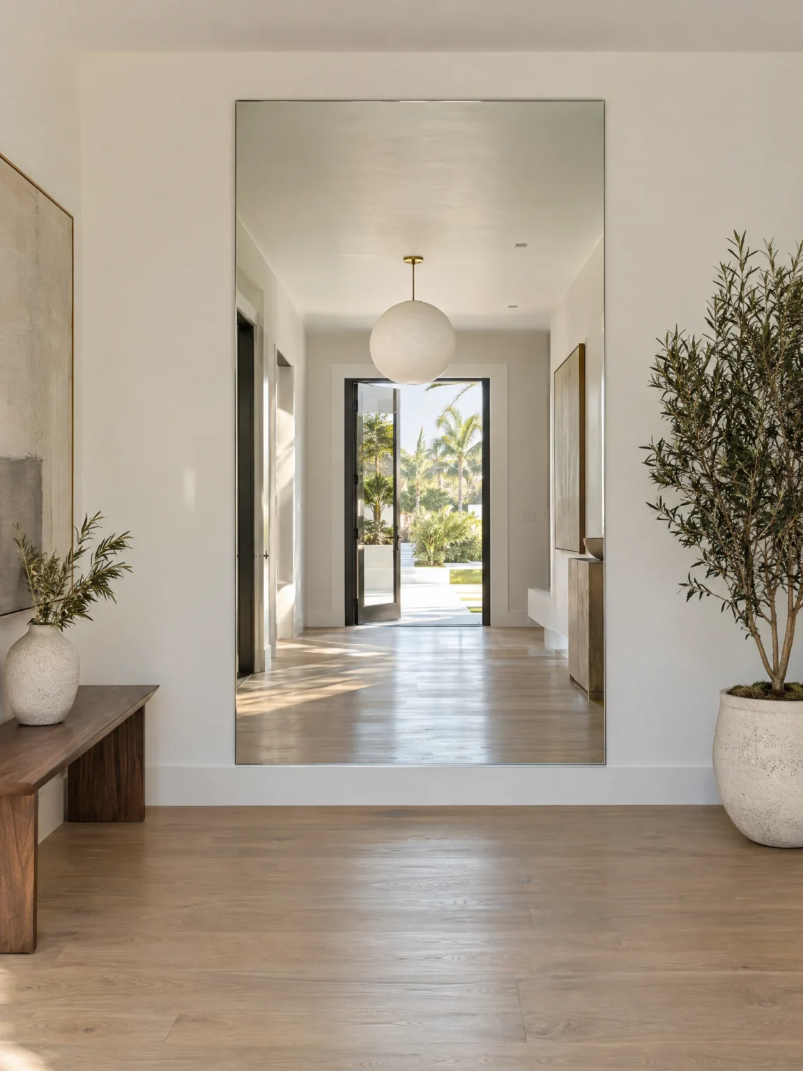 Full-height clear mirror on a bright foyer wall