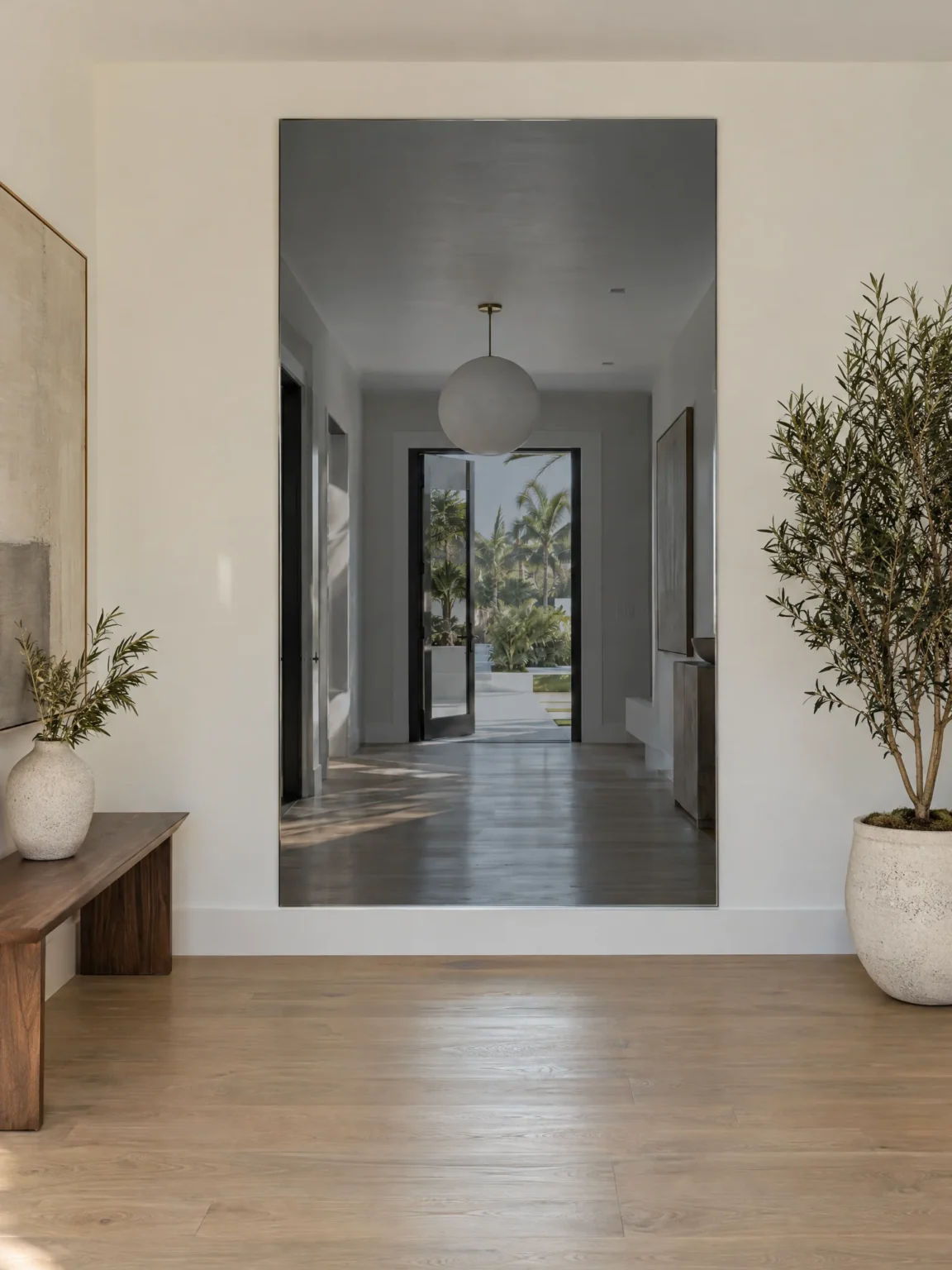 Full-height gray mirror on a bright foyer wall