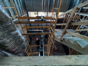 Steel center spine stringer of a floating staircase being installed, SW 4th Ave residence, Boca Raton, FL