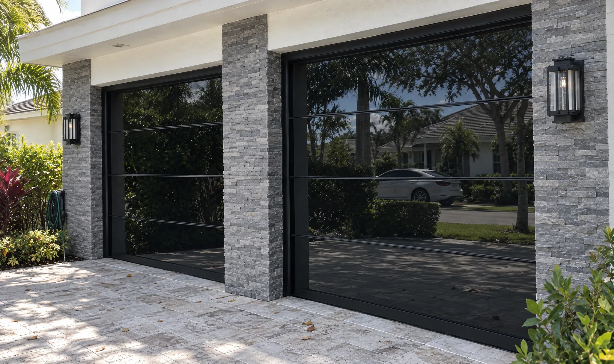 Two frameless glass garage doors with dark glass between stone columns