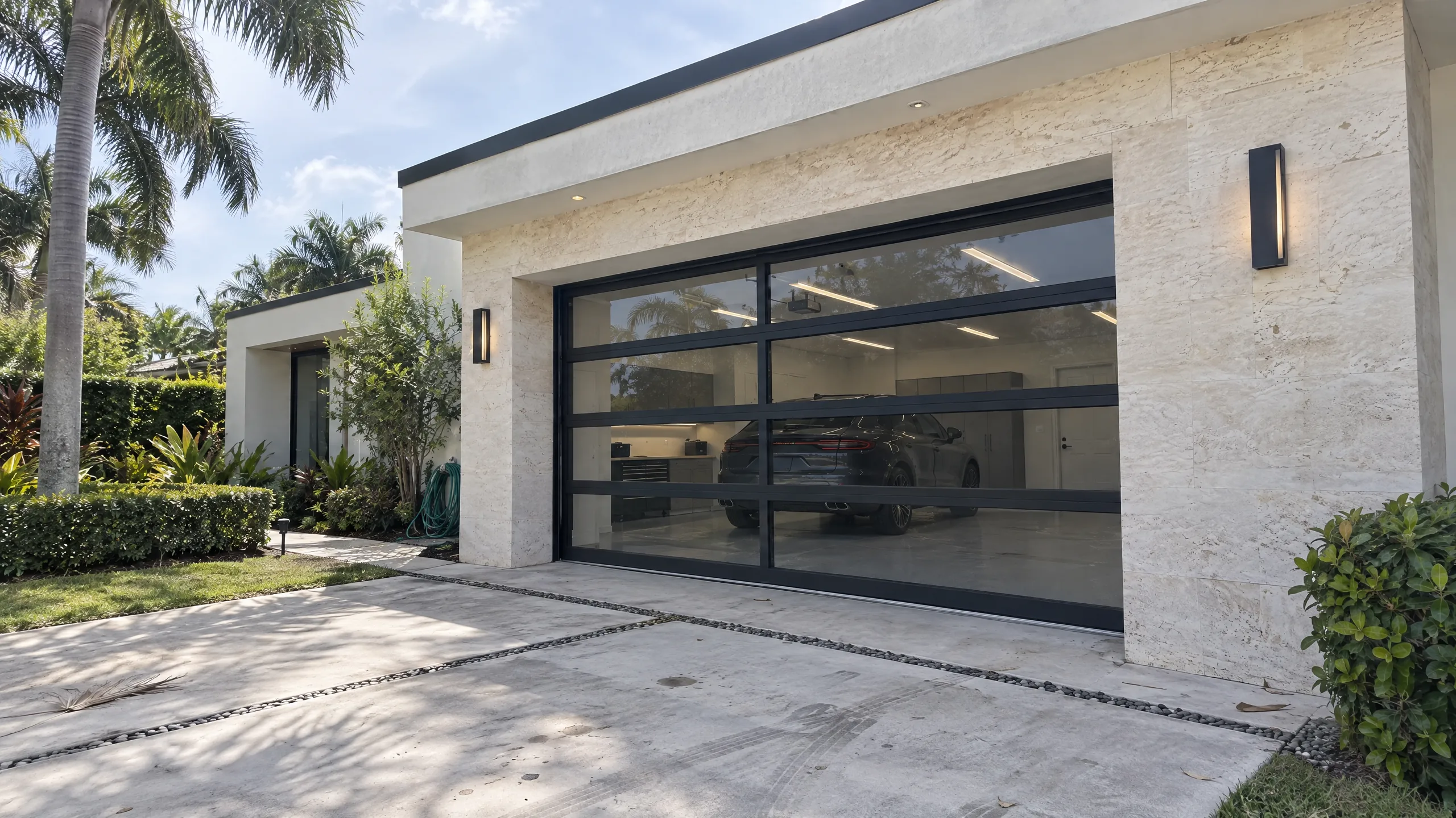 Full view black aluminum glass garage door with clear glass on a modern South Florida home with limestone cladding