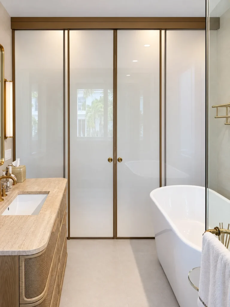 Acid etched sliding glass partition with satin brass frame by ACG Glass & Metals in Palm Beach