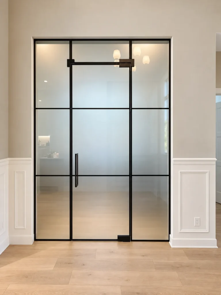 Acid etched low iron glass office partition with black grid and swing door, Palm Beach Gardens FL