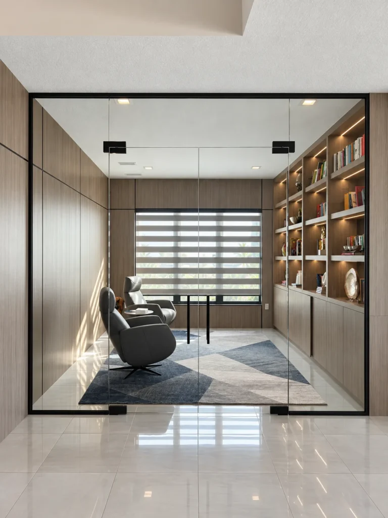 Frameless glass partition with glass door and black channels enclosing a home office, Migration Point Residence, Palm Beach Gardens, FL