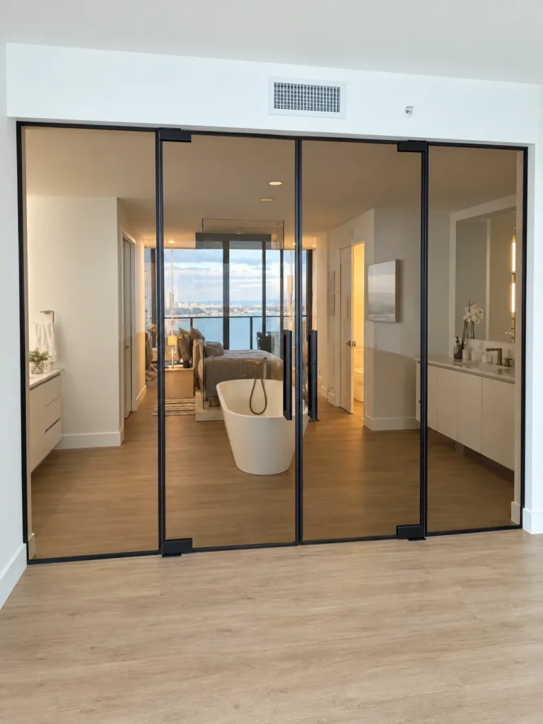 Bronze glass partition with matte black frame between a primary bedroom and bath, Miami FL