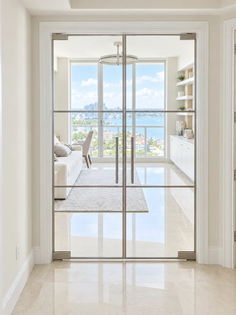 Glass partition double doors with black grids opening to a living room, North Ocean Drive residence
