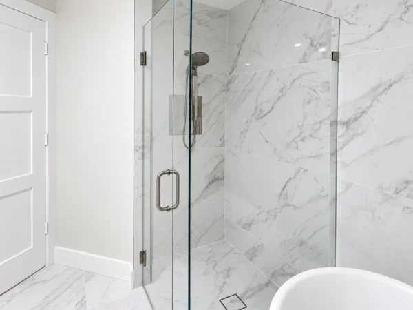Shower Enclosure and Glass Shelves | Saint Tropez Circle Residence, West Palm Beach