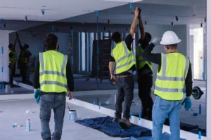 Glass crew installing a gray mirror wall in the gym of Salato, Pompano Beach