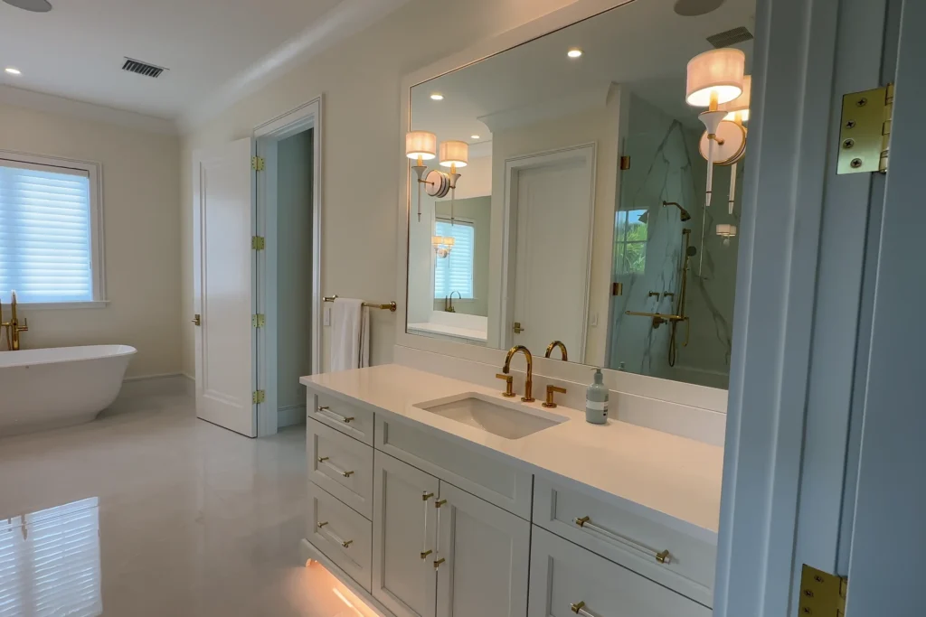 Custom 1/4 inch clear bathroom vanity mirror with polished edges at a White Pelican Way residence in Jupiter, FL by ACG Glass & Metals